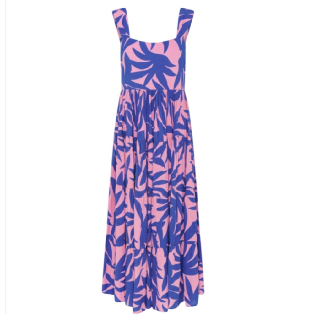 Mister Zimi Pink and Blue Leaf-Print Midi Dress